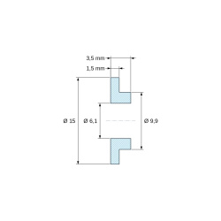 Plano acotado 3,5 mm, Casquillo aislante con brida Ø6,1x15mm, resalte bajo Ø9,9mm, poliamida PA6 natural UL94-V2