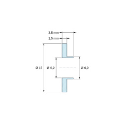 Plano acotado 3,5 mm, Casquillo aislante con brida Ø6,2x15mm, resalte bajo Ø6,9mm, poliamida PA6.6 natural UL94-V2