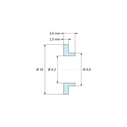 Plano acotado 3,5 mm, Casquillo aislante con brida Ø8,2x15mm, resalte bajo Ø9,9mm, poliamida PA6 natural UL94-V2