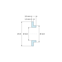 Plano acotado 3,5 mm, Casquillo aislante con brida Ø10,2x19mm, resalte bajo Ø12,9mm, poliamida PA6 natural UL94-V2