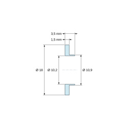 Plano acotado 3,5 mm, Casquillo aislante con brida Ø10,2x18mm, resalte bajo Ø10,9mm, poliamida PA6 natural UL94-V2