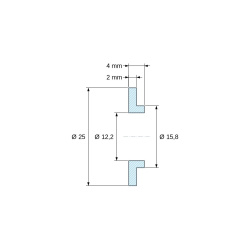 Plano acotado 4 mm, Casquillo aislante con brida Ø12,2x25mm, resalte bajo Ø15,8mm, poliamida PA6 natural UL94-V2