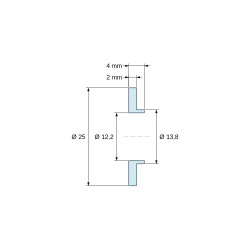 Plano acotado 4 mm, Casquillo aislante con brida Ø12,2x25mm, resalte bajo Ø13,8mm, poliamida PA6 natural UL94-V2