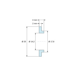 Plano acotado 4 mm, Casquillo aislante con brida Ø14,2x25mm, resalte bajo Ø17,8mm, poliamida PA6 natural UL94-V2