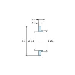 Plano acotado 4 mm, Casquillo aislante con brida Ø16,2x25mm, resalte bajo Ø17,8mm, poliamida PA6 natural UL94-V2