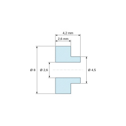 Plano acotado 4,2 mm, Casquillo aislante con brida Ø2,6x8mm, resalte bajo Ø4,5mm, poliamida PA6.6 negra reforzada con fibra de vidrio UL94-HB