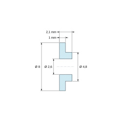 Plano acotado 2,1 mm, Casquillo aislante con brida Ø2,6x8mm, resalte bajo Ø4,8mm, poliamida PA6.6 negra reforzada con fibra de vidrio UL94-HB