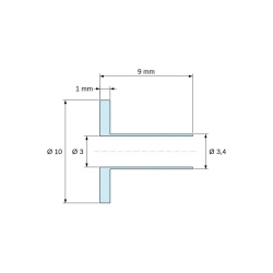 Plano acotado 9 mm, Casquillo aislante con brida Ø3x10mm, resalte alto Ø3,4mm, poliamida PA6.6 negra reforzada con fibra de vidrio UL94-HB