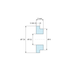 Plano acotado 2 mm, Casquillo aislante con brida Ø3,1x7,6mm, resalte bajo Ø6mm, poliamida PA6.6 negra reforzada con fibra de vidrio UL94-HB
