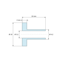 Plano acotado 10 mm, Casquillo aislante con brida Ø3,1x10mm, resalte alto Ø4,2mm, poliamida PA6.6 negra reforzada con fibra de vidrio UL94-HB