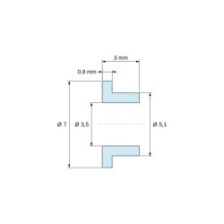 Plano acotado 3 mm, Casquillo aislante con brida Ø3,5x7mm, resalte alto Ø5,1mm, poliamida PA6.6 negra reforzada con fibra de vidrio UL94-V2
