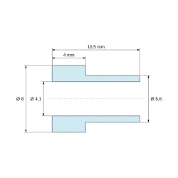 Plano acotado 10,5 mm, Casquillo aislante con brida Ø4,1x8mm, resalte alto Ø5,6mm, poliamida PA6.6 negra reforzada con fibra de vidrio UL94-HB