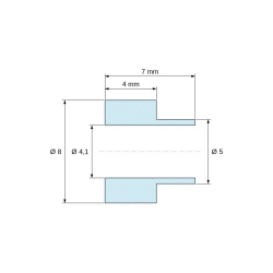 Plano acotado 7 mm, Casquillo aislante con brida Ø4,1x8mm, resalte bajo Ø5mm, poliamida PA6.6 negra reforzada con fibra de vidrio UL94-HB