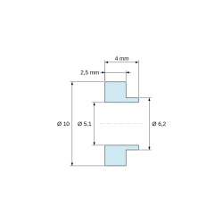 Plano acotado 4 mm, Casquillo aislante con brida Ø5,1x10mm, resalte alto Ø6,2mm, poliamida PA6.6 negra reforzada con fibra de vidrio UL94-HB