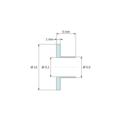 Plano acotado 5 mm, Casquillo aislante con brida Ø5,1x12mm, resalte alto Ø5,5mm, poliamida PA6.6 negra reforzada con fibra de vidrio UL94-HB