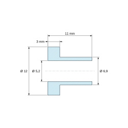 Plano acotado 11 mm, Casquillo aislante con brida Ø5,2x12mm, resalte alto Ø6,9mm, poliamida PA6.6 negra reforzada con fibra de vidrio UL94-HB