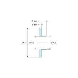 Plano acotado 3 mm, Casquillo aislante con brida Ø5,2x12mm, resalte alto Ø5,5mm, poliamida PA6.6 negra reforzada con fibra de vidrio UL94-HB