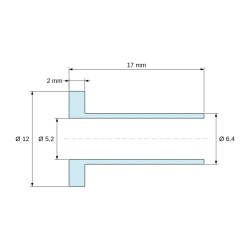 Plano acotado 17 mm, Casquillo aislante con brida Ø5,2x12mm, resalte alto Ø6,4mm, poliamida PA6.6 negra reforzada con fibra de vidrio UL94-HB