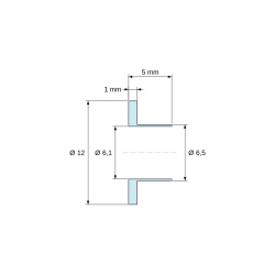 Plano acotado 5 mm, Casquillo aislante con brida Ø6,1x12mm, resalte alto Ø6,5mm, poliamida PA6.6 negra reforzada con fibra de vidrio UL94-HB