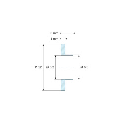 Plano acotado 3 mm, Casquillo aislante con brida Ø6,2x12mm, resalte alto Ø6,5mm, poliamida PA6.6 negra reforzada con fibra de vidrio UL94-HB