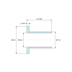 Plano acotado 11 mm, Casquillo aislante con brida Ø6,2x12mm, resalte alto Ø7,2mm, poliamida PA6.6 negra reforzada con fibra de vidrio UL94-HB