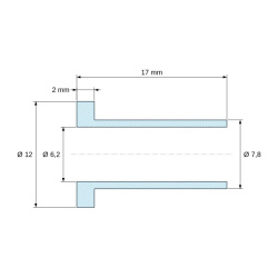 Plano acotado 17 mm, Casquillo aislante con brida Ø6,2x12mm, resalte alto Ø7,8mm, poliamida PA6.6 negra reforzada con fibra de vidrio UL94-HB