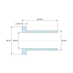 Plano acotado 18 mm, Casquillo aislante con brida Ø8,2x14mm, resalte alto Ø9,9mm, poliamida PA6.6 negra reforzada con fibra de vidrio UL94-HB