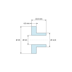 Plano acotado 13,5 mm, Casquillo aislante con brida Ø8,5x25mm, resalte alto Ø12,8mm, poliamida PA6.6 negra reforzada con fibra de vidrio UL94-HB