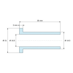 Plano acotado 35 mm, Casquillo aislante con brida Ø10,5x21mm, resalte alto Ø14,5mm, poliamida PA6.6 negra reforzada con fibra de vidrio UL94-HB