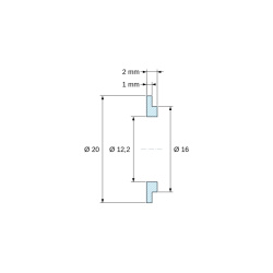 Plano acotado 2 mm, Casquillo aislante con brida Ø12,2x20mm, resalte alto Ø16mm, poliamida PA6.6 negra reforzada con fibra de vidrio UL94-HB