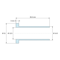 Plano acotado 35,5 mm, Casquillo aislante con brida Ø12,5x21mm, resalte alto Ø14,5mm, poliamida PA6.6 negra reforzada con fibra de vidrio UL94-HB