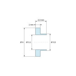 Plano acotado 2,3 mm, Casquillo aislante con brida Ø3,1x6mm, resalte alto Ø3,5mm, poliamida PA6.6 negra reforzada con fibra de vidrio UL94-HB