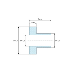 Plano acotado 6 mm, Casquillo aislante con brida Ø3,1x7,6mm, resalte alto Ø3,9mm, altura 6mm, PA6.6 negro con fibra de vidrio UL94-HB