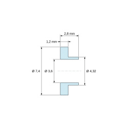 Plano acotado 2,8 mm, Casquillo aislante con brida Ø3,6x7,4mm, resalte bajo Ø4,32mm, poliamida PA6.6 natural UL94-V2