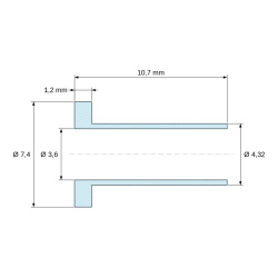 Plano acotado 10,7 mm, Casquillo aislante con brida Ø3,6x7,4mm, resalte alto Ø4,32mm, poliamida PA6.6 natural UL94-V2