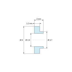 Plano acotado 2 mm, Casquillo aislante con brida Ø2,9x6mm, resalte bajo Ø3,7mm, poliamida PA6.6 natural UL94-V2
