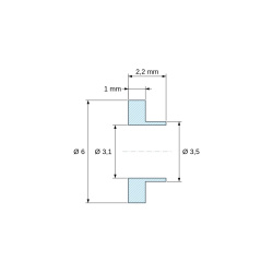 Plano acotado 2,2 mm, Casquillo aislante con brida Ø3,1x6mm, resalte bajo Ø3,5mm, poliamida PA4.6 negra reforzada con fibra de vidrio UL94-V0