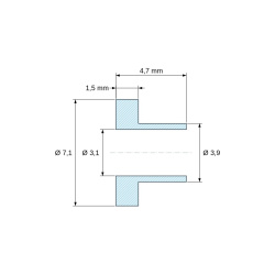 Plano acotado 4,7 mm, Casquillo aislante con brida Ø3,1x7,1mm, resalte bajo Ø3,9mm, poliamida PA4.6 negra reforzada con fibra de vidrio UL94-V0
