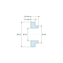Plano acotado 1,9 mm, Casquillo aislante con brida Ø3,2x6,3mm, resalte bajo Ø4,4mm, poliamida PA4.6 negra reforzada con fibra de vidrio UL94-V0