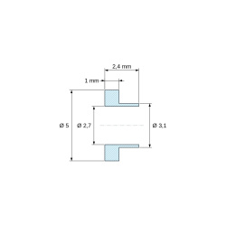 Plano acotado 2,4 mm, Casquillo aislante con brida Ø2,7x5mm, resalte bajo Ø3,1mm, poliamida PA6.6 negra reforzada con fibra de vidrio UL94-HB