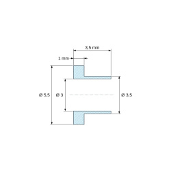 Plano acotado 3,5 mm, Casquillo aislante con brida Ø3x5,5mm, resalte bajo Ø3,5mm, poliamida PA6.6 negra reforzada con fibra de vidrio UL94-HB