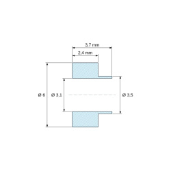 Plano acotado 3,7 mm, Casquillo aislante con brida Ø3,1x6mm, resalte bajo Ø3,5mm, poliamida PA6.6 negra reforzada con fibra de vidrio UL94-HB