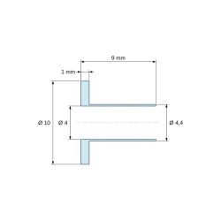 Plano acotado 9 mm, Casquillo aislante con brida Ø4x10mm, resalte bajo Ø4,4mm, poliamida PA6.6 negra reforzada con fibra de vidrio
