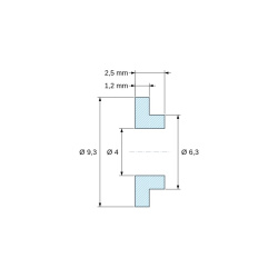 Plano acotado 2,5 mm, Casquillo aislante con brida Ø4x9,3mm, resalte bajo Ø6,3mm, poliamida PA6.6 negra reforzada con fibra de vidrio