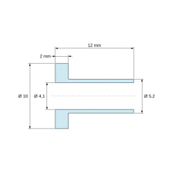 Plano acotado 12 mm, Casquillo aislante con brida Ø4,1x10mm, resalte bajo Ø5,2mm, poliamida PA6.6 negra reforzada con fibra de vidrio UL94-HB