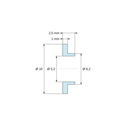 Plano acotado 2,5 mm, Casquillo aislante con brida Ø5,2x10mm, resalte bajo Ø6,2mm, poliamida PA6.6 negra reforzada con fibra de vidrio