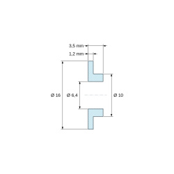 Plano acotado 3,5 mm, Casquillo aislante con brida Ø6,4x16mm, resalte bajo Ø10mm, poliamida PA6.6 negra reforzada con fibra de vidrio