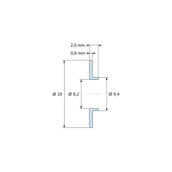 Plano acotado 2,5 mm, Casquillo aislante con brida Ø8,2x19mm, resalte bajo Ø9,4mm, poliamida PA6.6 negra reforzada con fibra de vidrio UL94-HB