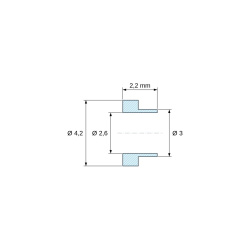 Plano acotado 2,2 mm, Casquillo aislante con brida Ø2,6x4,2mm, resalte bajo Ø3mm, PTFE natural UL94-V0
