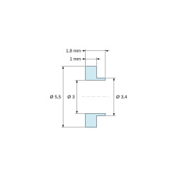 Plano acotado 1,8 mm, Casquillo aislante con brida Ø3x5,5mm, resalte bajo Ø3,4mm, sulfuro de polifenileno PPS negro UL94-V0